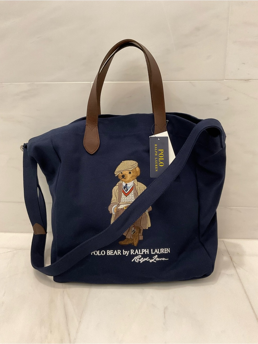 Polo Ralph Lauren Navy Blue HERITAGE BEAR Canvas Embroidered SHOPPER Tote Bag